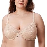 DELIMIRA Women's Front Closure Lace Underwire Sheer Bras Plus Size Full Coverage Sexy Plunge Unlined Bra