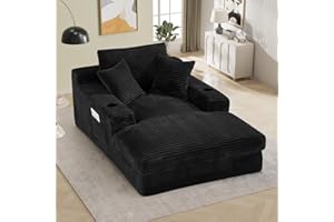 DAMAIFROM Oversized Chaise Lounge Chair Indoor with Cup Holders & Side Pocket, 50"W x 76"D Plush Corduroy Boneless Chair with 2-Layer Sponge & Deep High Seat Comfy Reading Chair for Studyroom - Black