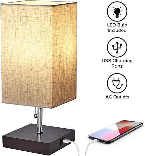 Amazon Com Usb Bedside Table Lamp Tbridge Square Fabric Shade Nightstand Lamp With Usb Charging Port E26 Led Bulbs Included Modern Design Desk Lamp For Bedroom Dresser Kids Room College Dorm Home Improvement