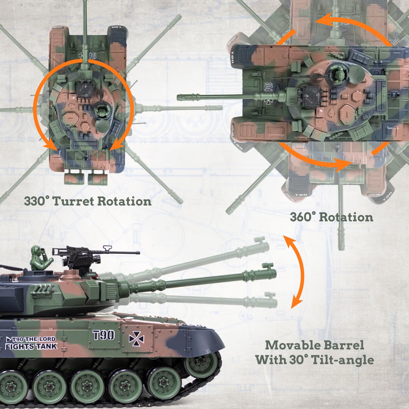 Supdex 1:18 RC Tank, 2.4Ghz RUS T-90 Remote Control Tank Model Toys, Battle Army with Smoke, Light Sound, Volume Switch, Military Toy for Adults and Kids That Shoots BBS, Water Bombs