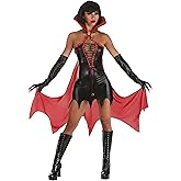 Women's Vampire Costume | Adult Black and Red Winged Anime Vampire Halloween Dress with Attached Cape and Gloves