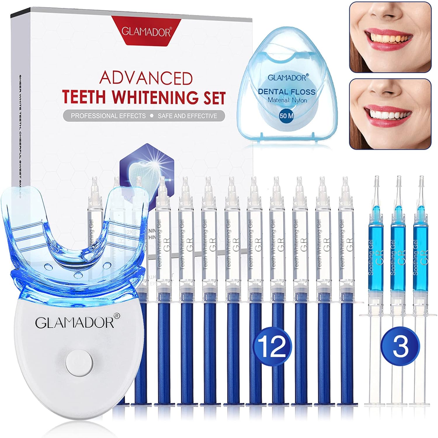 Teeth Whitening Kit with LED Light, GLAMADOR Professional Dental Teeth Whitener with 12pcs Whitening Gel, 3 Soothing Gel, Sensitive Direct Tooth Whitener Safety Use for Home and Travel: Health & Personal Care
