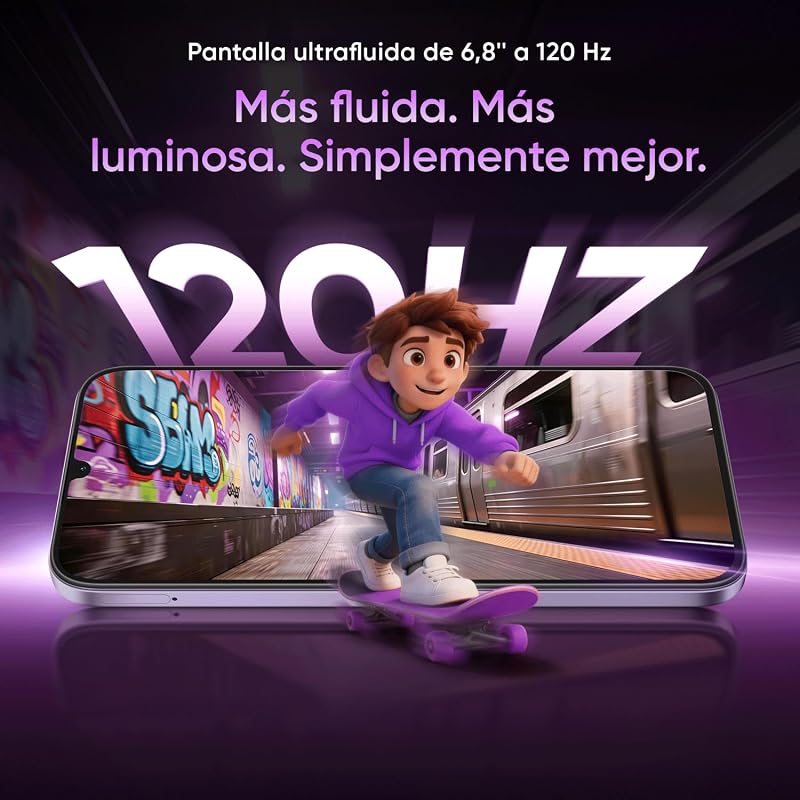 Smartphone realme P4 Lite 4G, 4GB+128GB, Pantalla LCD HD 120Hz 6,8", Batería Titan 6600mAh, Carga 15W, Carga inversa 6W, IP64 Antipolvo e Impermeable, Sistema Next IA, Púlsar Morado (Sin Cargador)