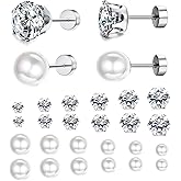 Jstyle 12Pairs Stainless Steel Round Clear Cubic Zirconia Pearl Stud Earring for Women CZ Earrings 3-8MM
