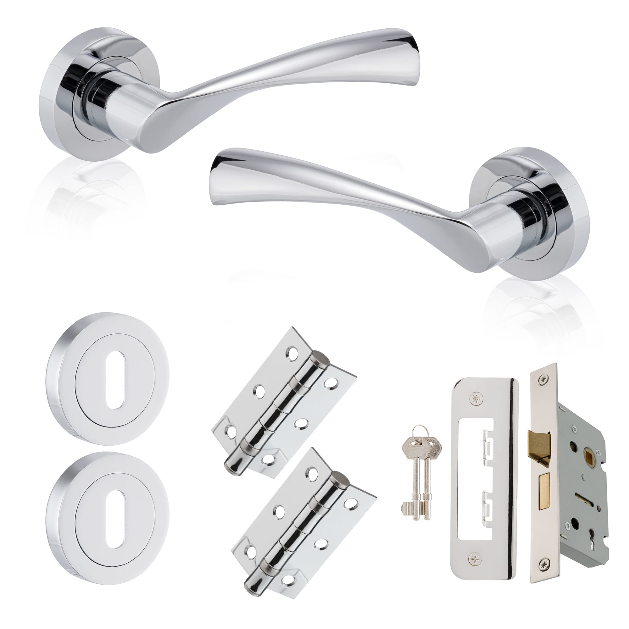 XFORT Polished Chrome Warped Lever On Rose Lock Pack, with Ball Bearing Hinges, Escutheons & A Sashlock, Ideal for Internal Wooden Doors for Home and Office.