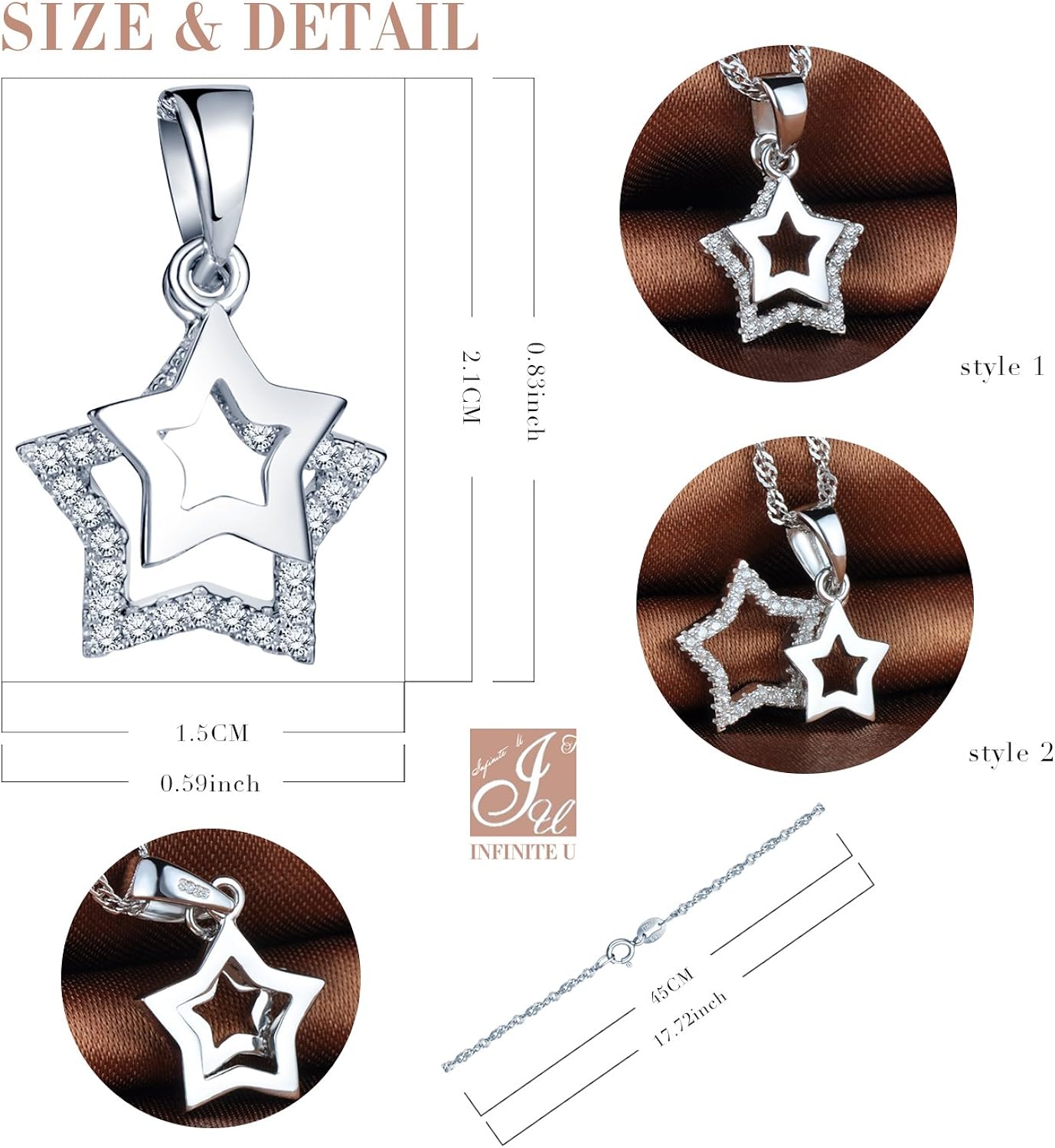 Infinite U 925 Sterling Silver Cubic Zirconia Unique Double Stars Pendant Girls/Women Necklace - Image 3