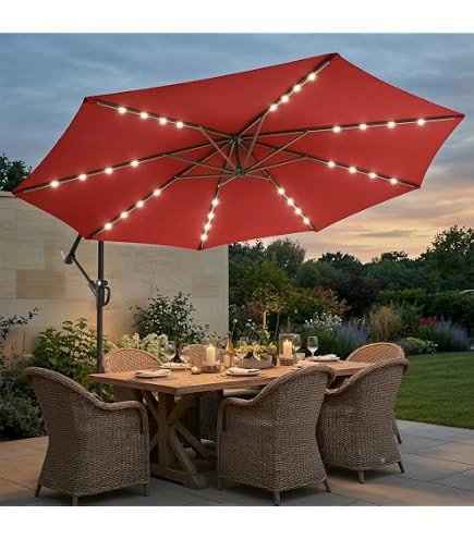 GarveeLife 10 ft Offset Patio Umbrella with Solar LED Lights, Hanging Cantilever Umbrella Outdoor Sun Shade with Easy Tilt Adjustment, 8 Ribs, UV Protection for Backyard, Lawn, Garden and Pool