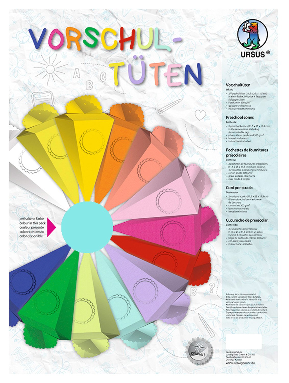 Ursus 9730036 - Preschool Cone Made of Kraft Cardboard, Turquoise, Pack of 2, Approx. 11.5 x 25 x 11.5 cm, Lasered and Grooved, Includes Craft Instructions, for Design Yourself, for Boys and Girls