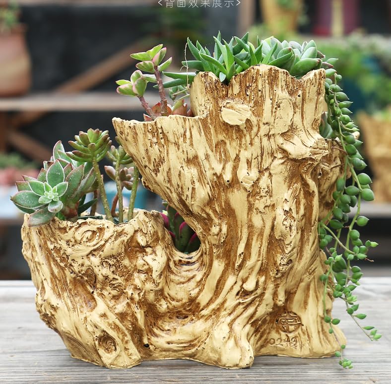 Driftwood Planter: 6-Opening Faux Wood Resin Succulent Container Pot for Indoor/Outdoor Decor