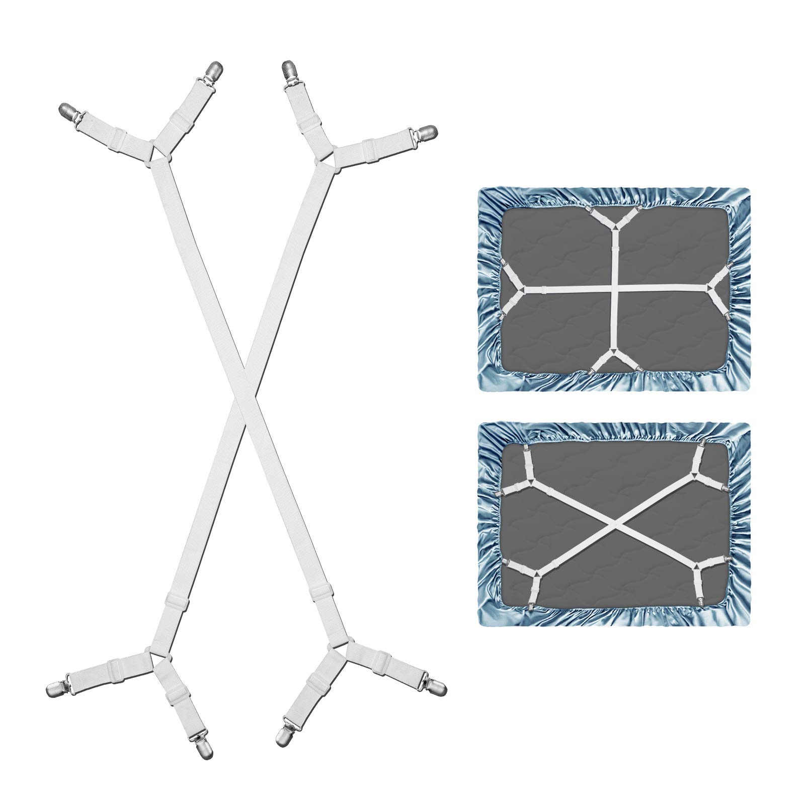 WADEO Adjustable Cross Bed Sheet Holders - Fasteners Grippers Clips Suspenders Straps, Suitable for All Square Mattresses White