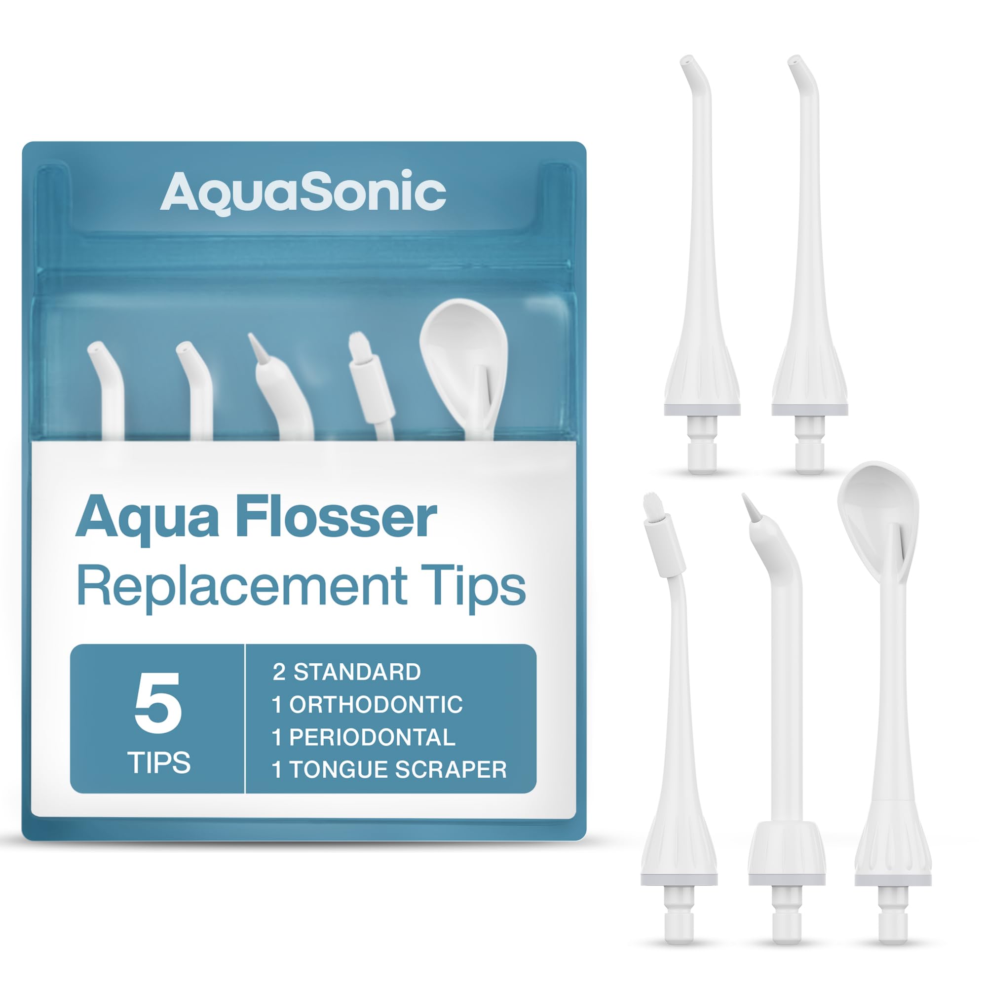 Photo 1 of AquaSonic Genuine Aqua Flosser Replacement Tips - 5 Tips, 4 Types: Standard, Periodontal, Orthodontic & Tongue Scraper - Authentic Parts (White)