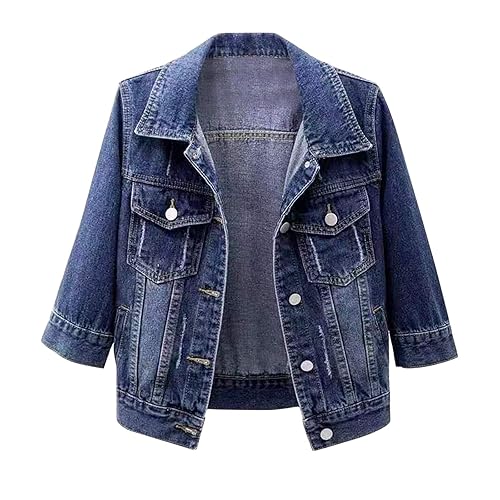 Women's Casual Denim Jackets Detachable Hoodie 3/4 Sleeve Cropped