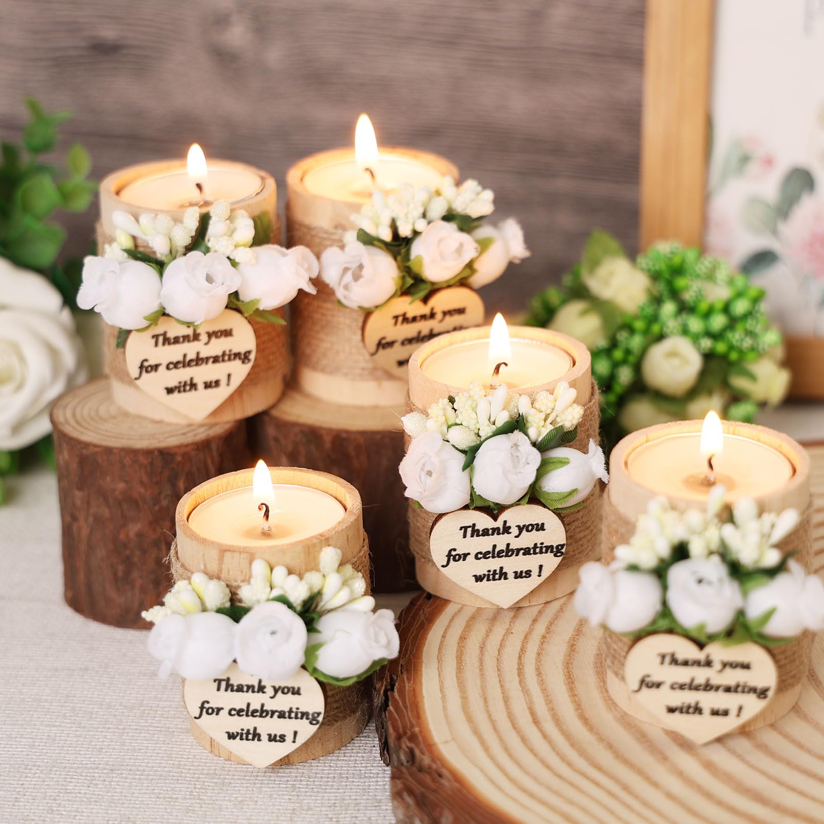 24 pcs Handmade White Rose Wood Tealight Candle Holder,Bridal Shower Tealight Holder Thank You Gifts, Wedding Favors for Guests, Wooden Cylinder Candle Holders for Table Centerpiece.