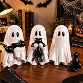 RattanView 4 Pcs Large Halloween Ghost Cat Table Decor, 6" Cute Figurines | Resin Ghost and Black Cat Figurines, Spooky Gothic Ornaments, Indoor Home Shelf Mantel Holiday Display, Cat Lovers Gift