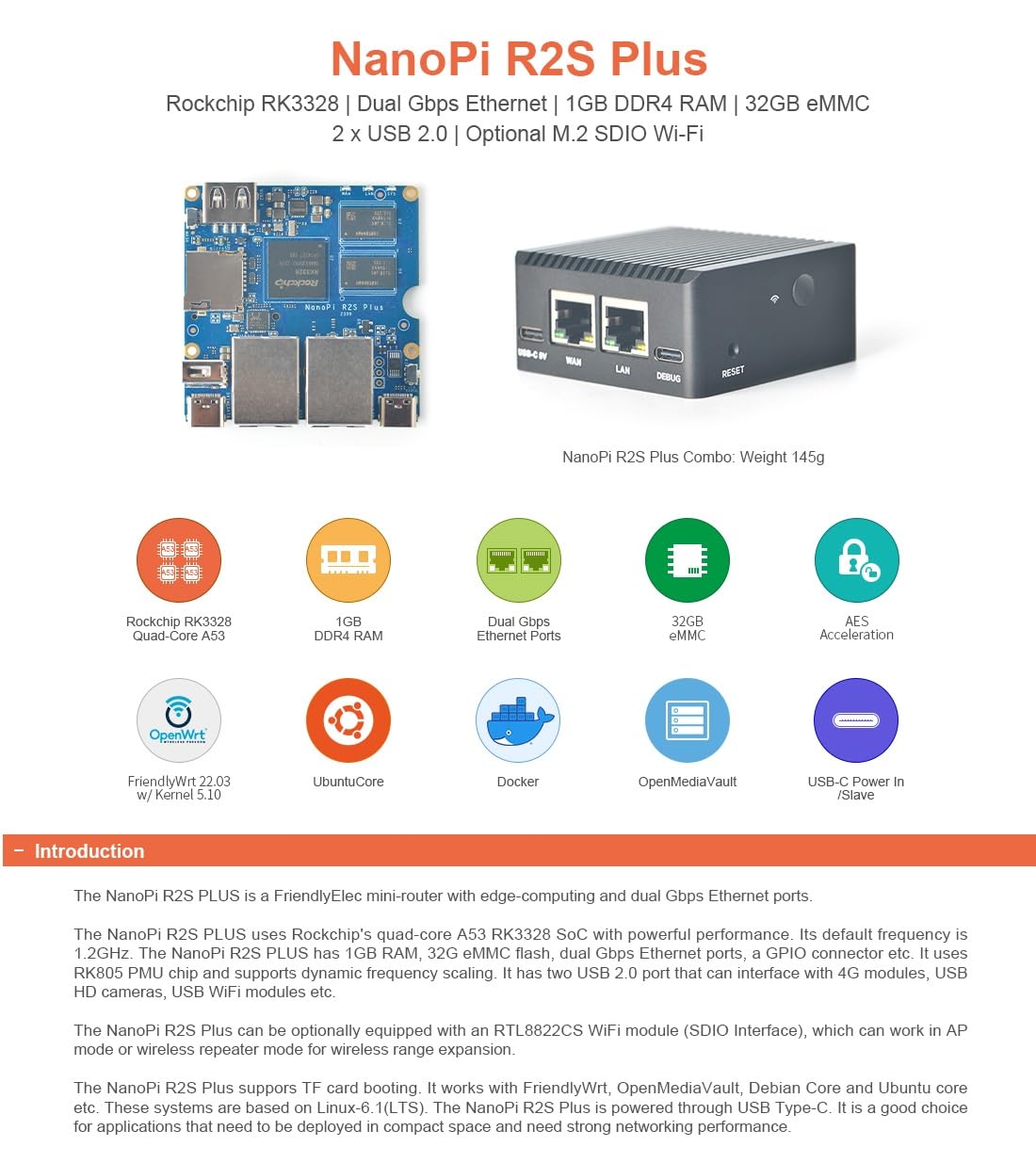 youyeetoo FriendlyElec Nanopi R2S Plus Mini Router, 1GB DDR4, 32GB eMMC, RK3328 Soc, OpenWRT with Dual-Gbps Ethernet, for IOT NAS Smart Home Gateway, Portable Travel (R2S Plus WiFi Combo)