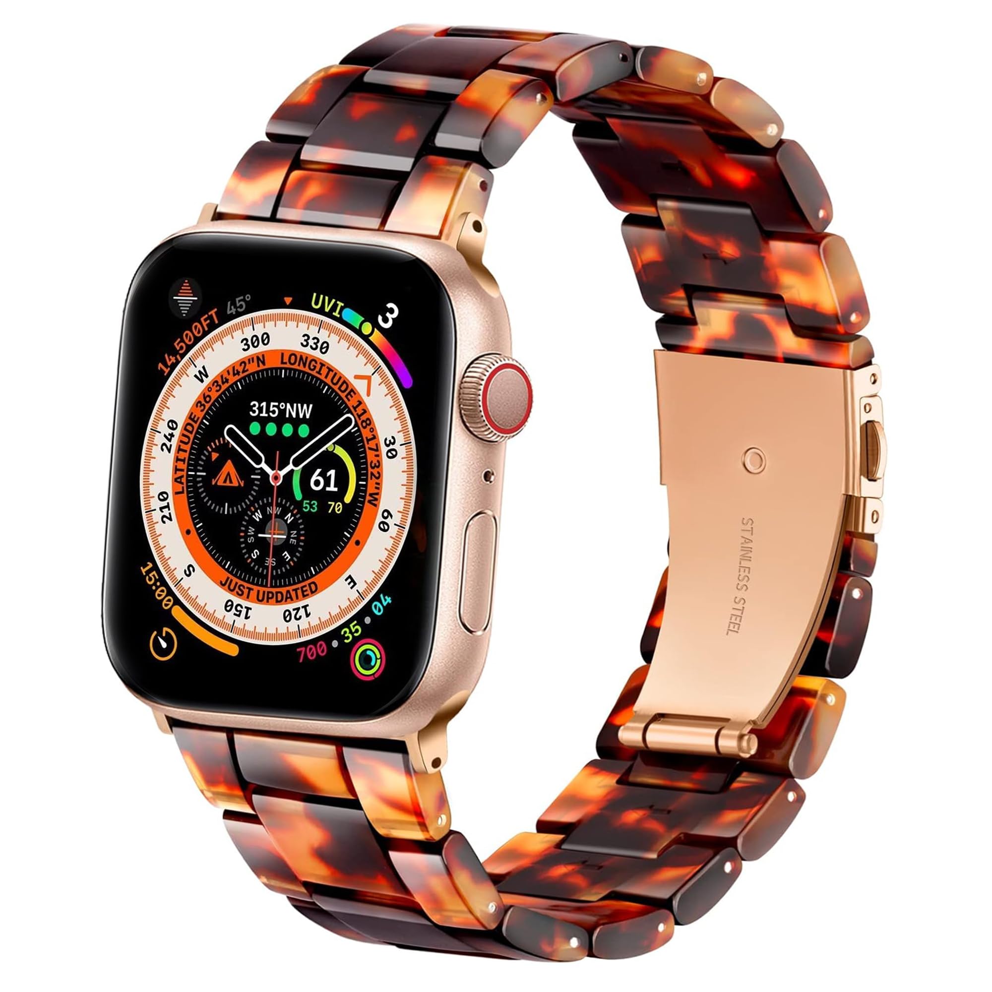 Wongeto Compatible with Apple Watch Strap 38mm 40mm 41mm Series 8/7/6/SE/5/4/3/2/1 Women Men, Fashion Resin iWatch Replacement Wristband Strap (Rose Gold+Tortoise, 38/40/41mm)