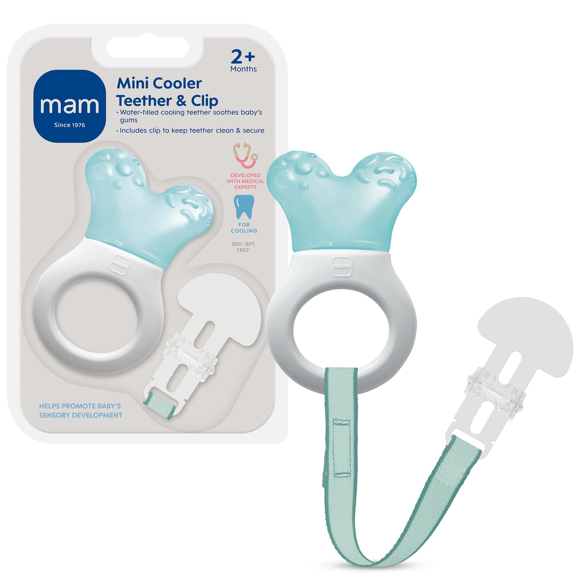 MAM Mini Teething Cooler and Clip, Blue, 2 Plus Months