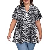 NHAMME Plus Size V Neck T Shirts for Women Short Sleeve Henley Loose Flowy Casual Tunic Tops