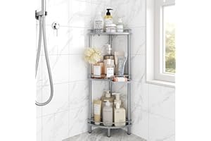 ELYKEN Corner Shower Caddy Standing, 3 Tier Rustproof Metal Shower Organizer with Soap Holder, Floor Shower Corner Shelf Rack Storage Stands with Adjustable Feet & 2 Hooks for Bathroom, Silver