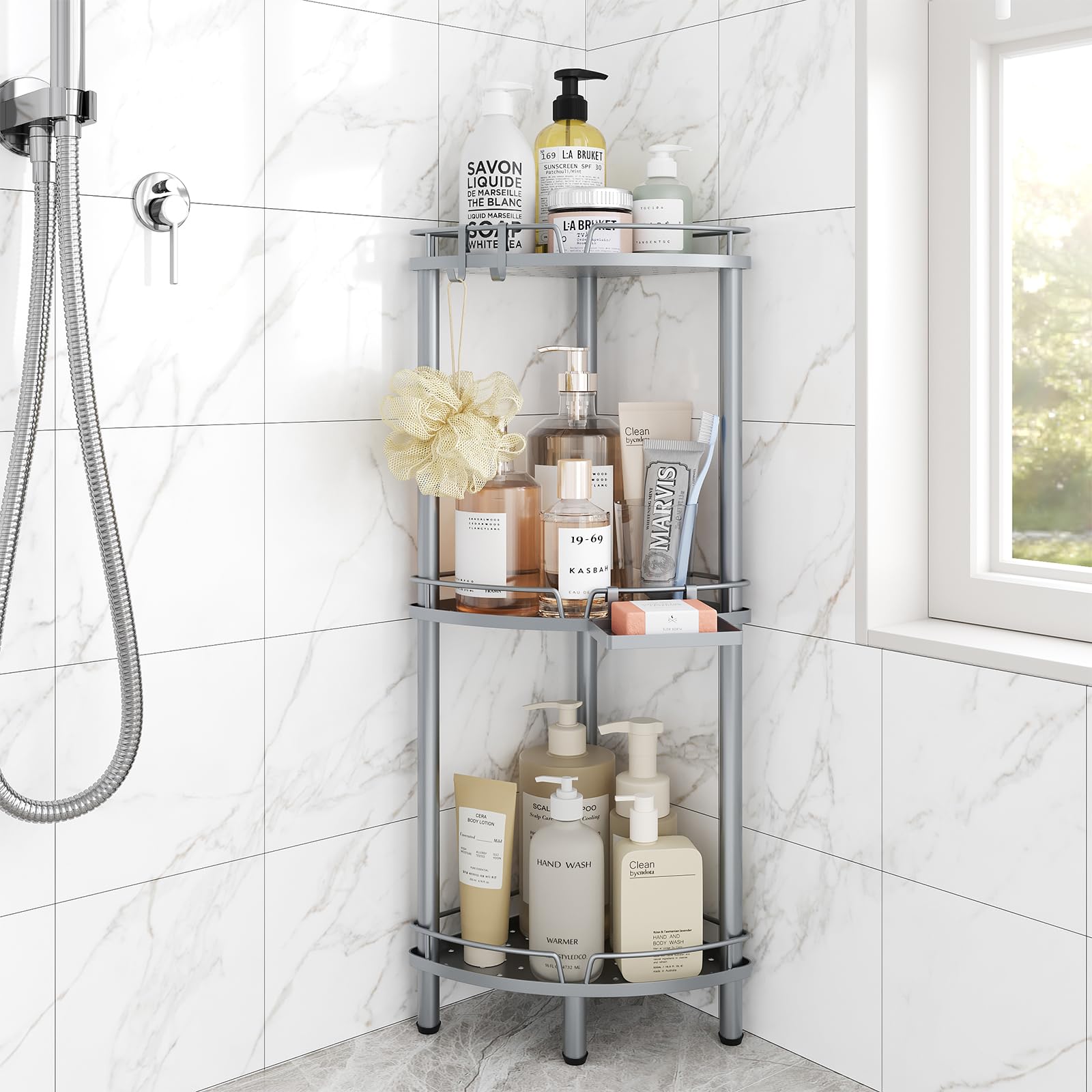 Photo 1 of ELYKEN Corner Shower Caddy Standing, 3 Tier Rustproof Metal Shower Organizer with Soap Holder, Floor Shower Corner Shelf Rack Storage Stands with Adjustable Feet & 2 Hooks for Bathroom, Silver