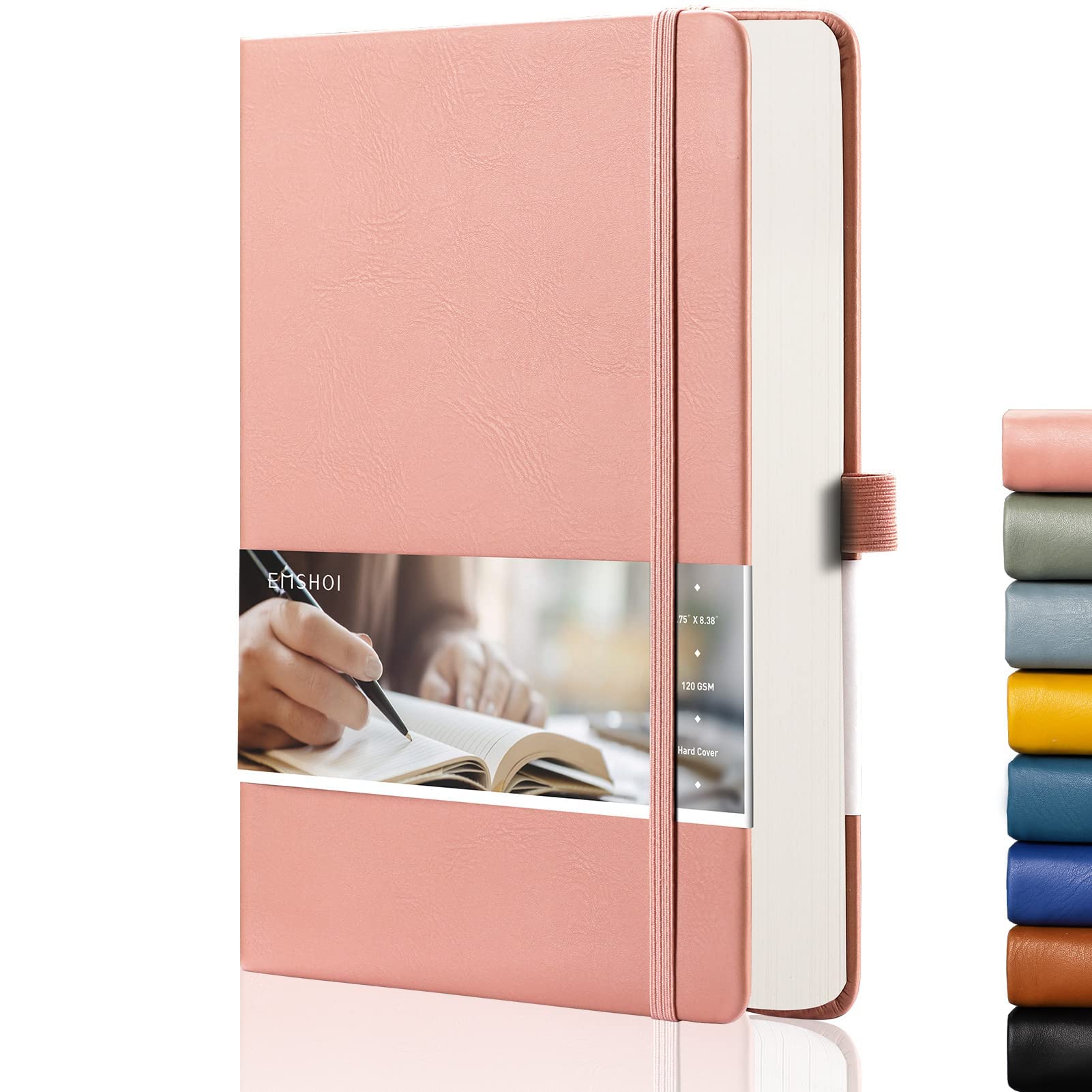 EMSHOI A5 Notebook Dotted Journal 21.4 x 14.5 cm, 256 Pages, 120gsm Thick Paper, 8 Perforated Sheets, Pen Holder, Back Pocket, Hardback Faux Leather Notepad for Women Men Bullet Journaling, Pink