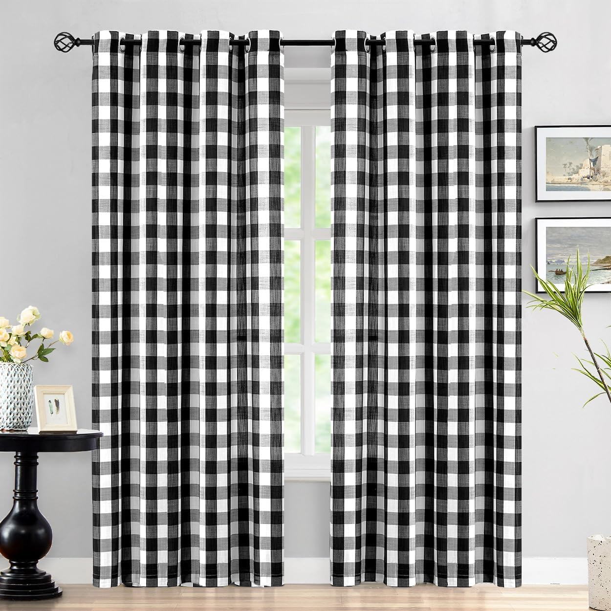 Abstractex Black White Buffalo Gingham 60x72 Inch Curtains for Bedroom Wide Farmhouse Classic Check Plaid Linen Textured Semi Sheer Eyelet Privacy Window Treatments for Living Dining Room 2 Panels