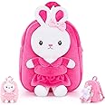 Gloveleya Kids Backpack Girl Backpack Toddler Girl Backpacks with Stuffed Bunny Toy Rose Red 9''