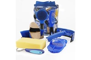 GINDOOR 9 Pieces Grooming Kit with Tote Bag - Horse Brush Set, Sweat Scraper, Sponge, Hoof Pick, Curry Comb for Riders and Beginners (Blue)