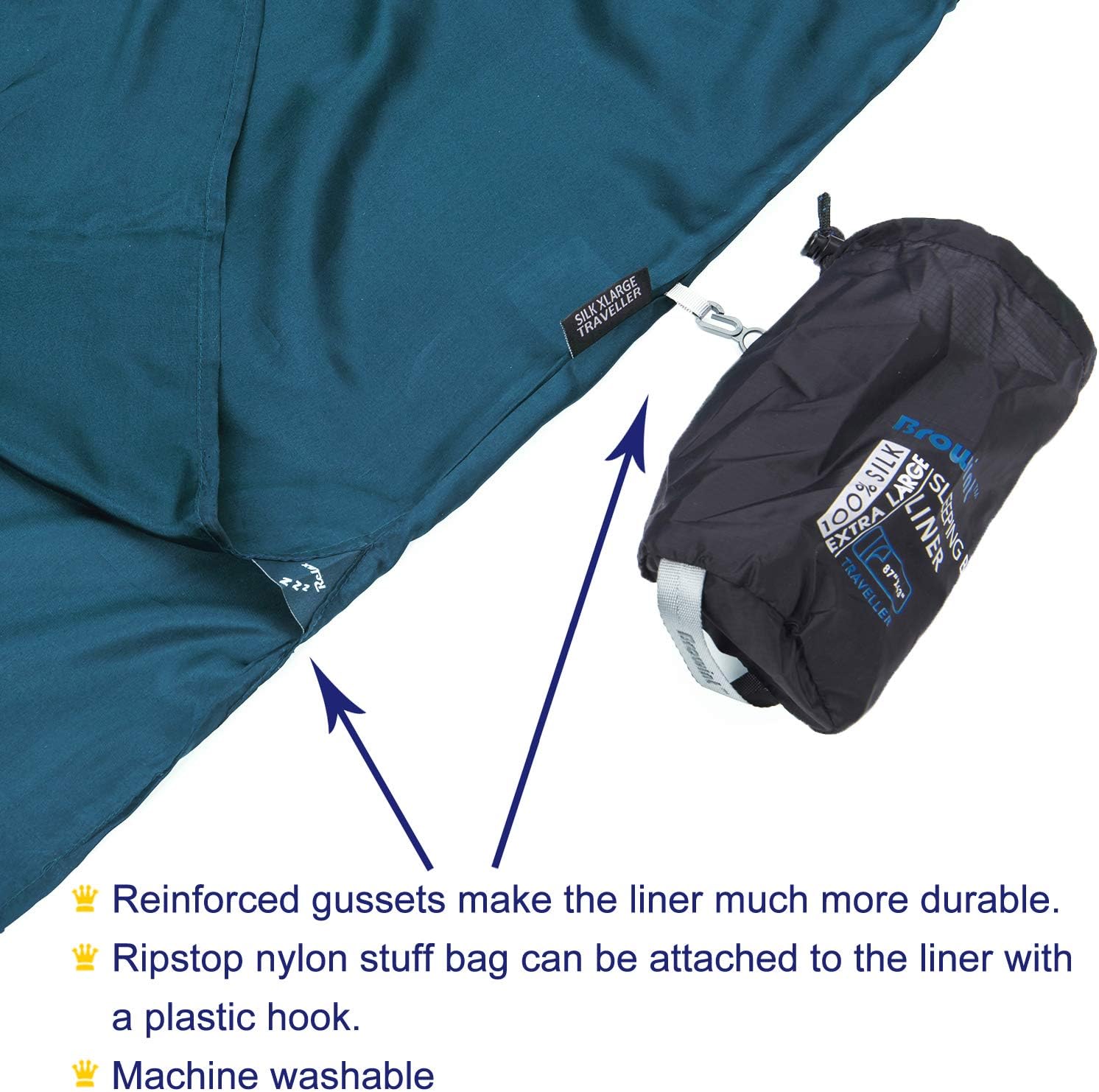 Browint Silk Sleeping Bag Liner, Silk Sleep Sheet, Sack, Extra Wide 87"x43", Lightweight Travel and Camping Sheet for Hotel, More Colors for Option, Reinforced Gussets, Pillow Pocket : Sports & Outdoors