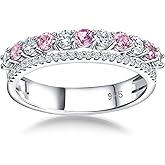 RANDES Women's Half Eternity Band 5mm Thick Double Band Ring Sterling Silver Gemstone Diamond Anniversary Ring Stackable Birthstone Rings Size 6-10 (with Gift Box)