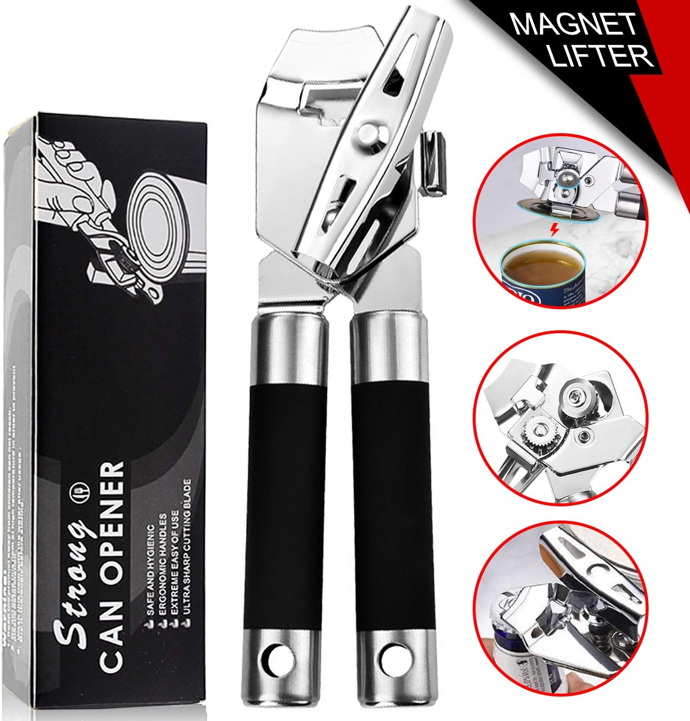 Professional Manual Can Opener, 4in1 Stainless Steel Can Openers Smooth Edge, Good Grips Soft
