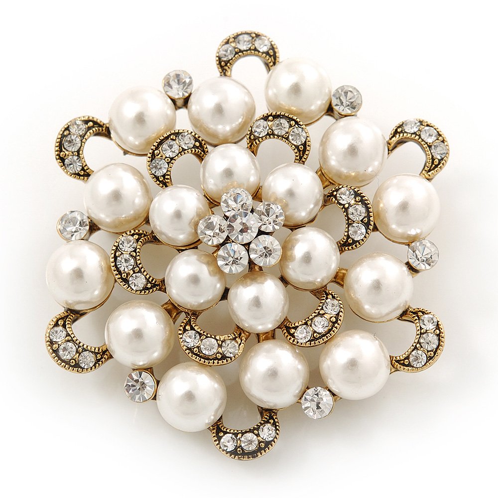 Bridal Glass Pearl, Clear Crystal Flower Brooch In Gold Plating - 45mm D