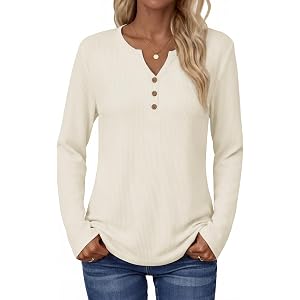 Zeagoo Women's Long Sleeve Waffle Knit Shirts Dressy Casual Loose Button Up V Neck Tops 2026 Fall Basic Tee Blouse