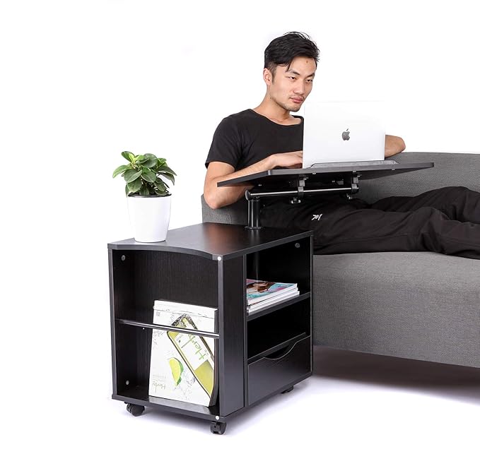 Rolling Laptop Desk Computer Table Black Barleyhome Functional Bedside Table Adjustable Swiel Wooden Nightstand With Drawers Right Side Office Products Office Supplies
