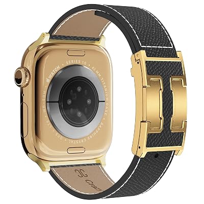 Leather Band Compatible with Apple Watch 49mm46mm45mm44mm42mm41mm 40mm38mm,Stylish Magnetic H Buckle Strap for iWatch Ultra 2/1/SE/Series 10/9/8/7/6/5/4/3/2/1 Women Men (Black Band+Gold H Buckle, 44mm45mm46mm49mm)