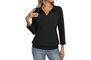 TICTICMISS Womens Polo Shirts 3/4 Sleeve Banded Bottom Tops Business Casual Tops Collared V Neck Blouses