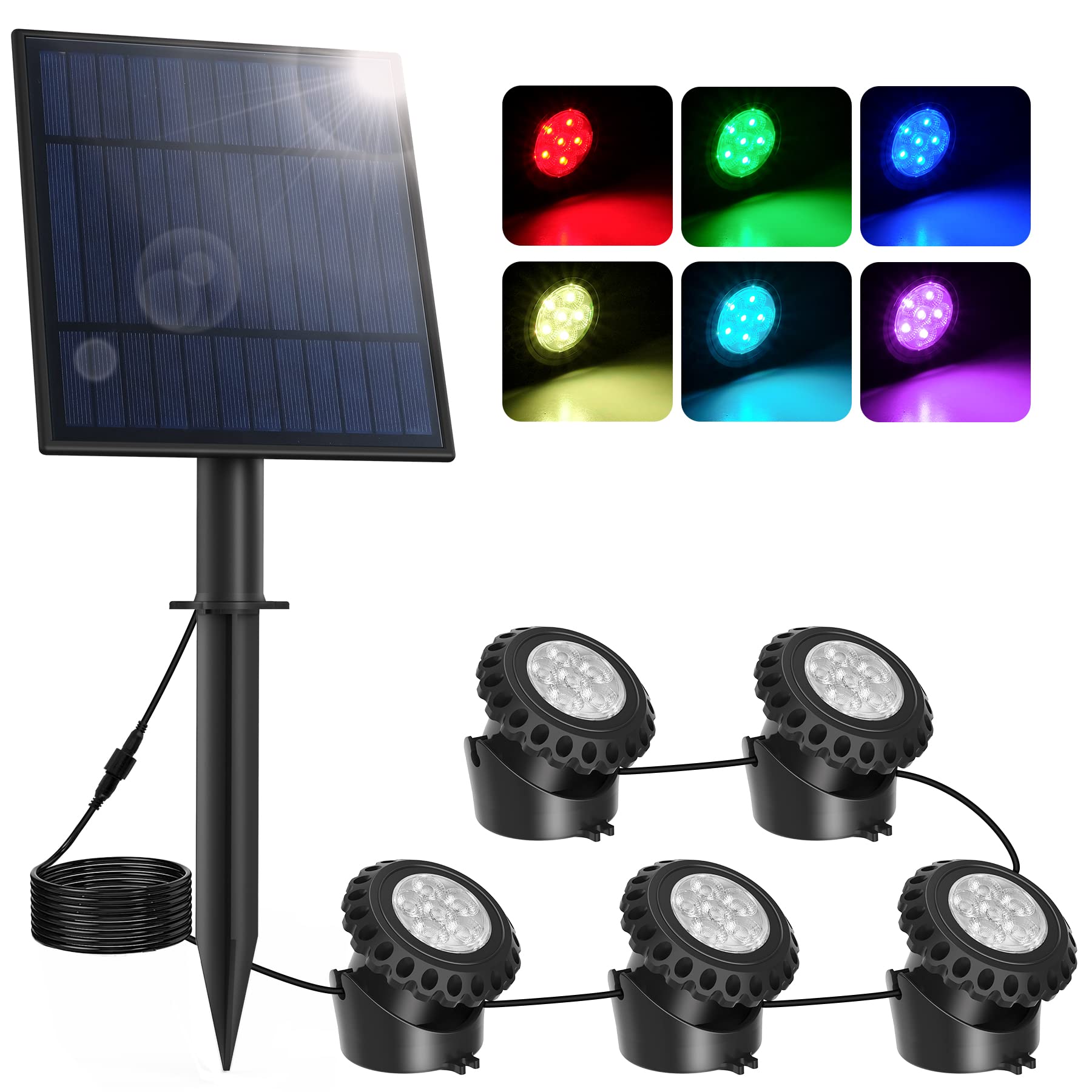 NATPOW Solar Pond Lights, Underwater Light RGB Colour Changing, IP68 Waterproof Aquarium Lights, Dusk-to-Dawn Landscape Spotlight for Pool Garden, Patio, Tree(5 in 1)