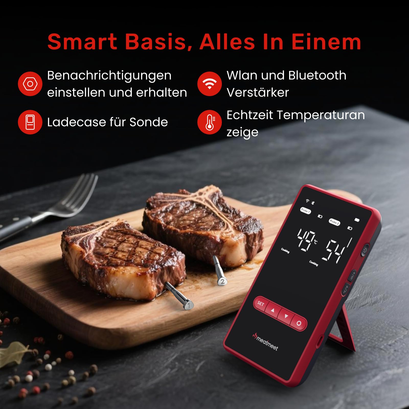Meatmeet Fleischthermometer kabellos mit Bluetooth & WLAN, 2 Sonden 6 Sensoren, Einteiliges Edelstahldesign, IP69 Wasserdicht, 582°C Hitzebeständigkeit, Grill Ofen Küche Heißluftfritteuse (X Pro) 2
