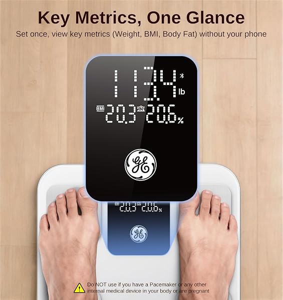 GE SMART SCALE FOR BODY WEIGHT: BODY FAT, BMI, DIGITAL BATHROOM SCALE – 14 BODY COMPOSITION ANALYZER HEALTH MONITOR, HIGHLY ACCURATE BLUETOOTH WEIGHING SCALE WITH APP 400 LB, 11 INCH