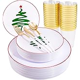 Supernal Christmas Plastic Plates, Gold Plastic Cutlery – 180pcs Elegant Disposable Dinnerware with White-Gold Knives/Forks/Spoons, GoldRim Clear Tumblers, Premium Christmas Tableware for 30 Guests