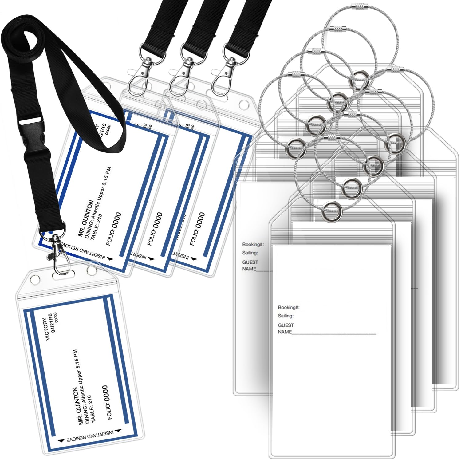GreatShield Cruise Luggage Tag Holder (8 Pack) + ID Holder with Lanyard (4 Pack) Weather Resistant PVC Zip Pouch & Steel Loop for Princess, Carnival, Holland American, and Norwegian Cruise Line