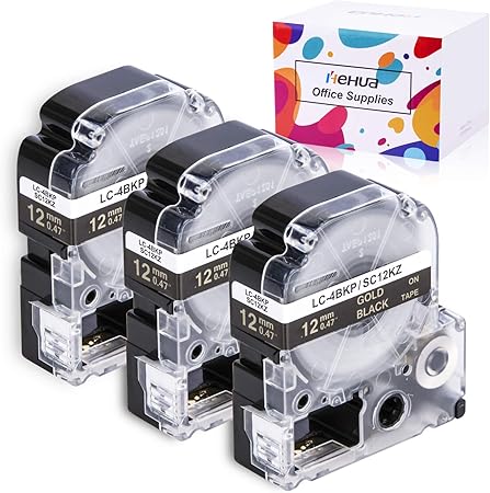 Amazon Hehua テプラテープ12mm 金文字黒底 テプラproテープ12mm キングジム互換 Sc12kz 3個入り テープ 文房具 オフィス用品
