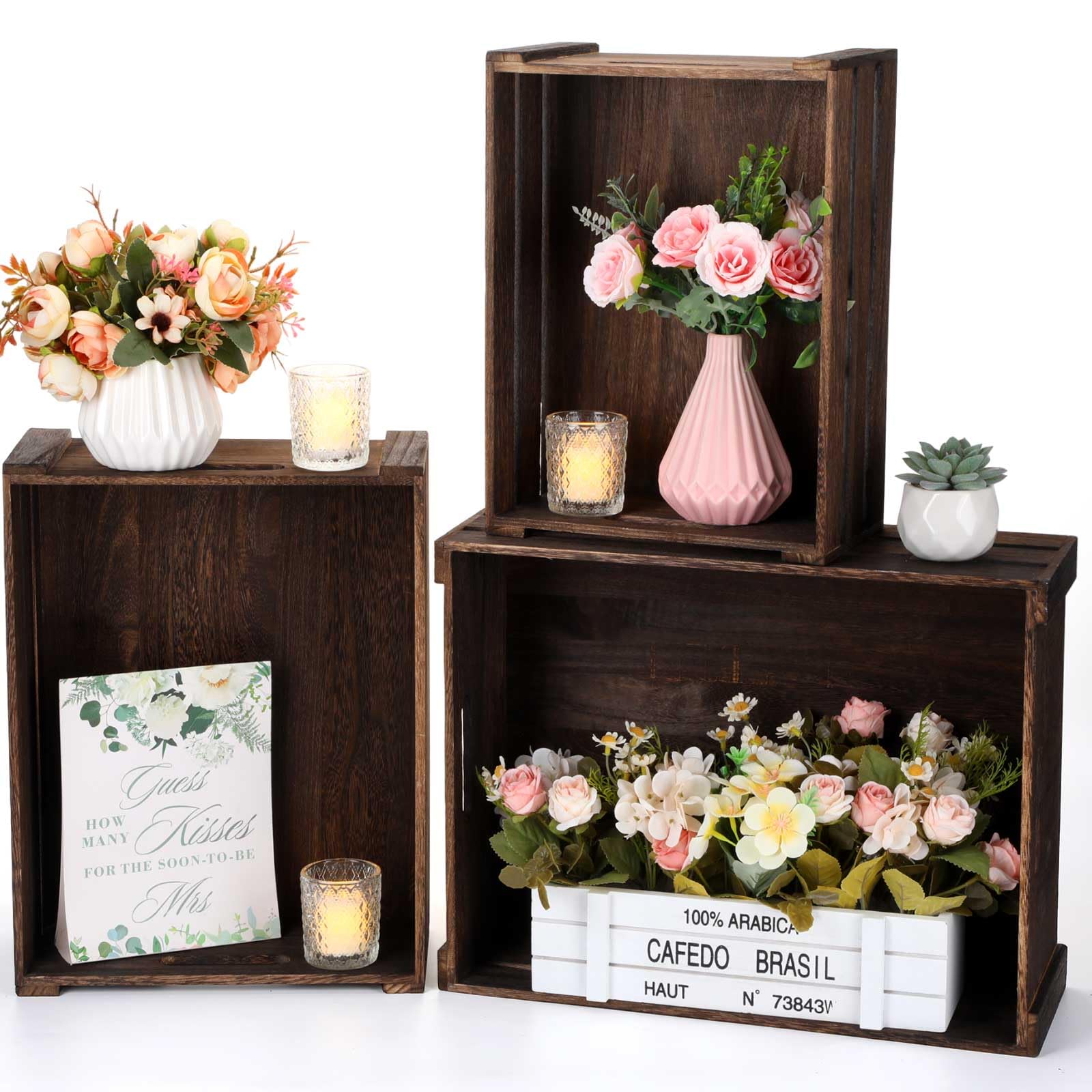 Decor Stacking Containers CroBlissful 3 Pcs Decorative Wood Crate Nesting Storage Crates Rustic ...