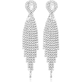 Rhinestone Earrings Dangling for Women Sparkly Silver Dangle Earrings Girls Long Chandelier Earrings Tassel Lightweight Ear Studs Cubic Zirconia (KE001S-W)