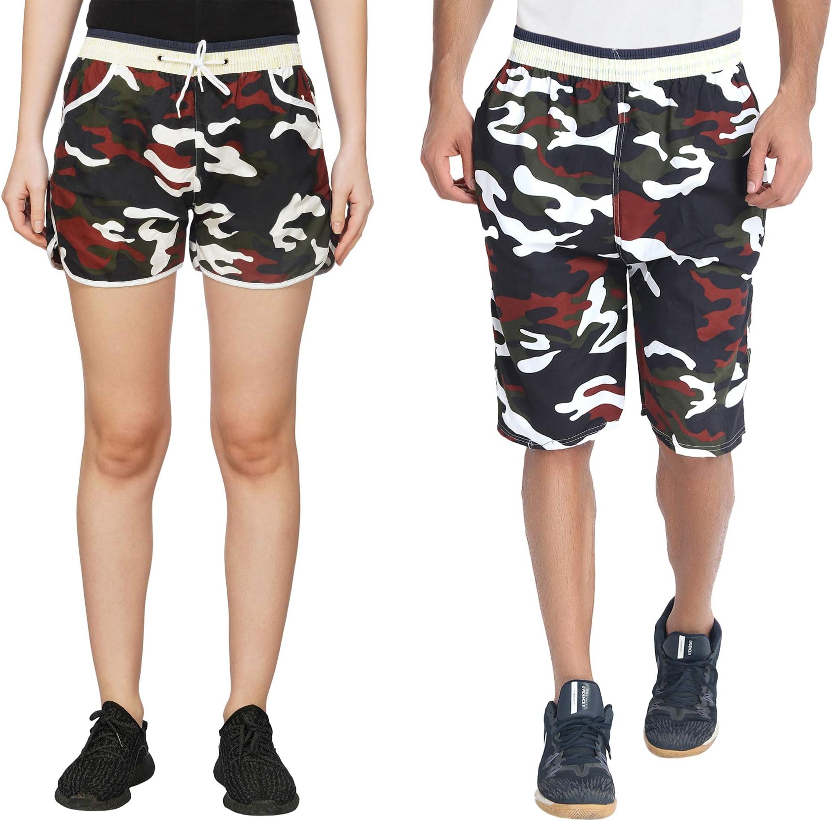 Combo of Summer Shorts for Women and Men, Gym Wear Yoga Exercise Walk Jogging Workout Active Sports or Everyday Casual Wear Printed Women and Men Beach Shorts in Army Green Print Pattern