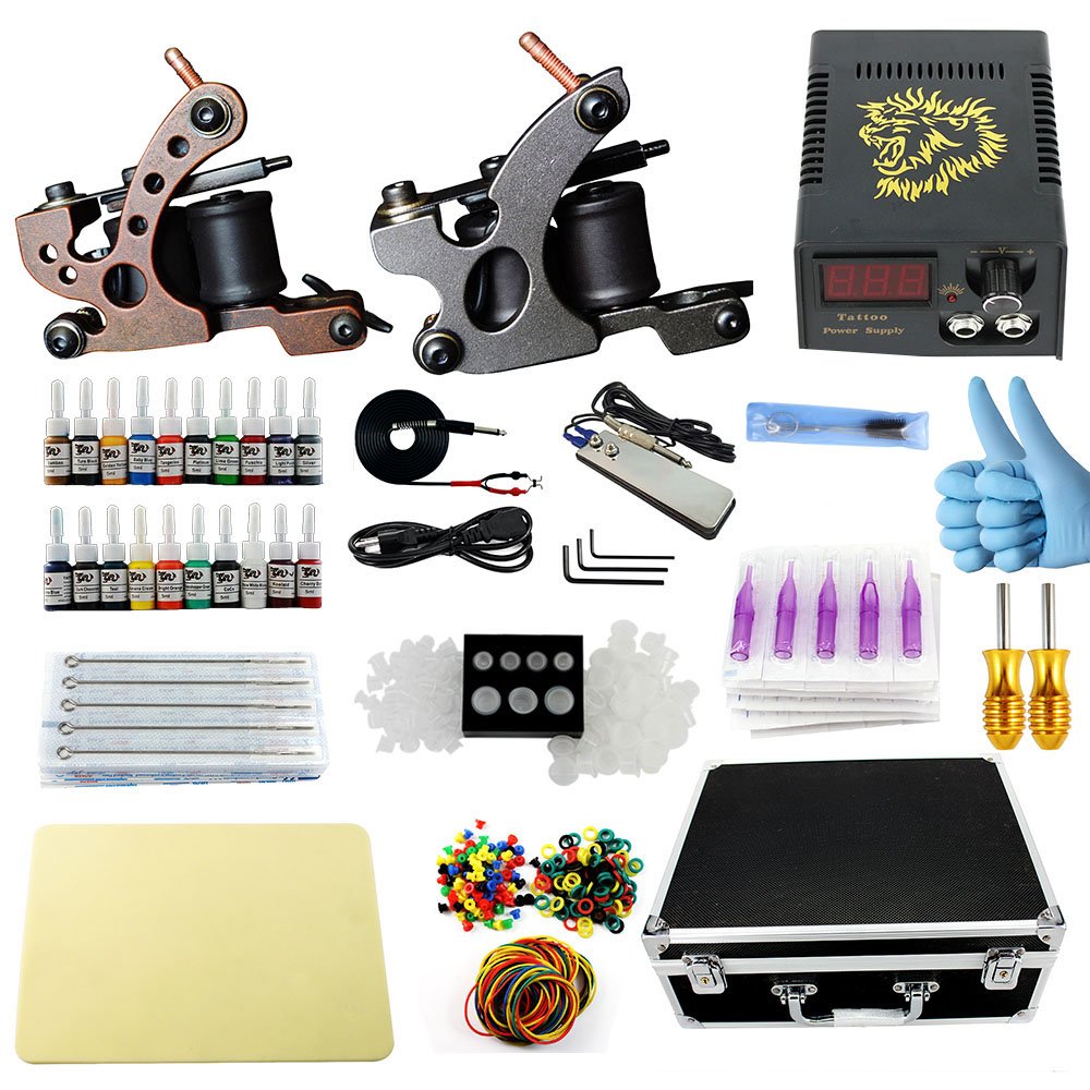 Tattoo Kits 2 10 Wrap Coil Tattoo Machines LE Power Supply 40 Tattoo Needles 20 Tattoo Pigment Tattoo Ink (GRS104016)