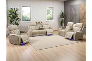 Anthato Power Recliner Sofa Set, Living Room Furniture Sets, Leather Reclining Sofa Set, Recliner Couch Loveseat and Chair with Coffee Table/Cup Holders/Charging Port for Home Theater Seat, Khaki