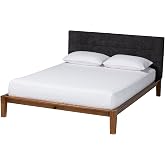 Baxton Studio Mariette Japandi Dark Grey Teddy Fabric and Walnut Brown Wood Queen Bed