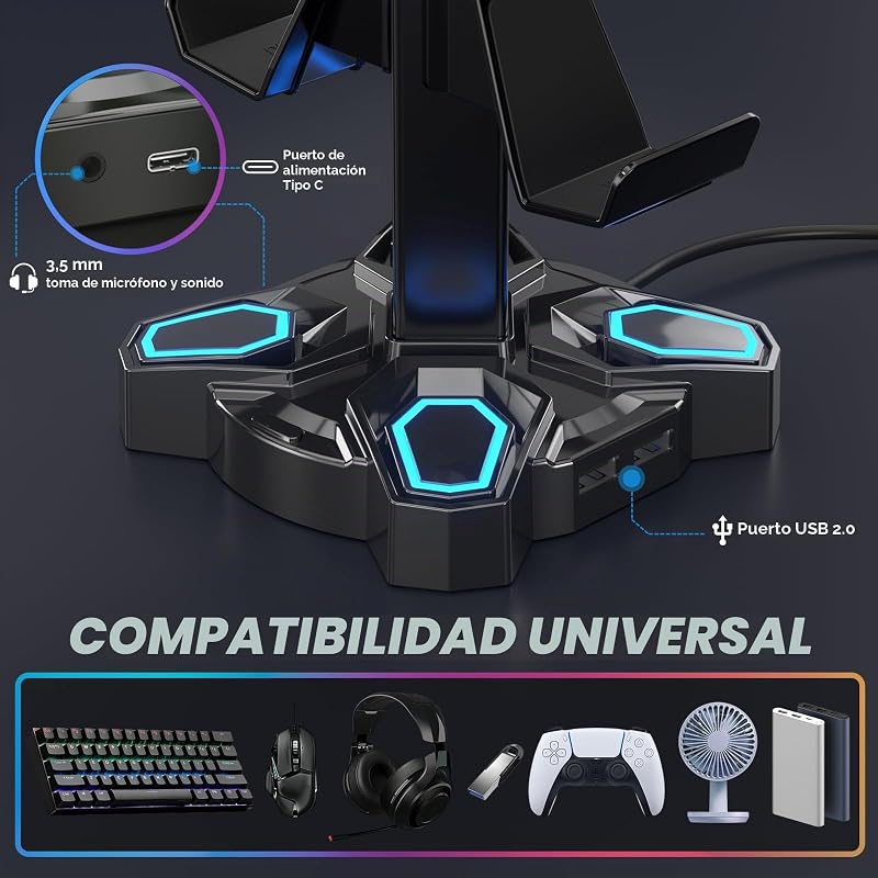 Suporte LED para auscultadores gaming com 2 portas USB de carregamento e 1 tipo C