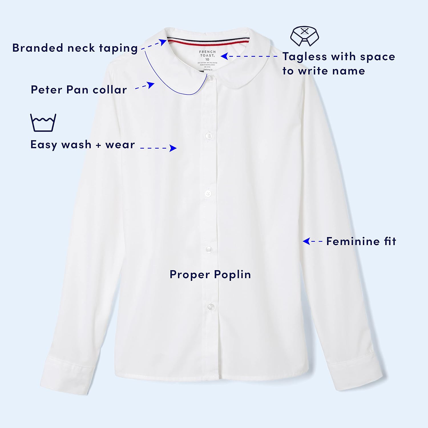 French Toast Girls' Long Sleeve Woven Shirt with Peter Pan Collar (Standard & Plus): Clothing